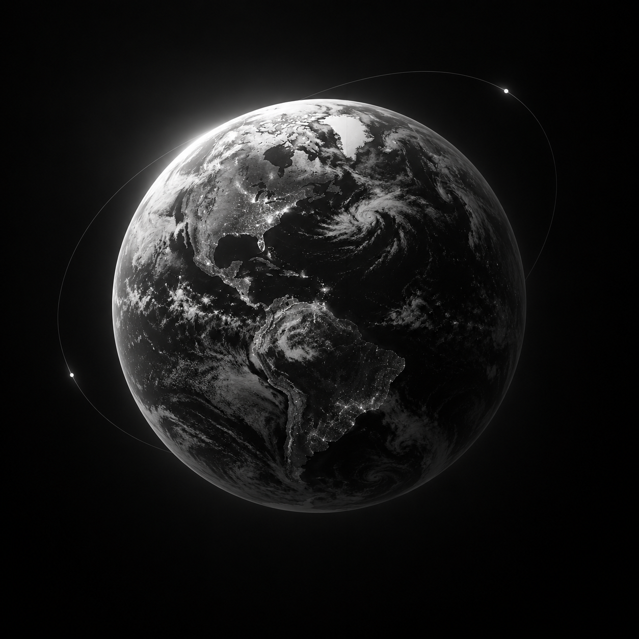 Monochrome grey Earth with subtle orbital lines